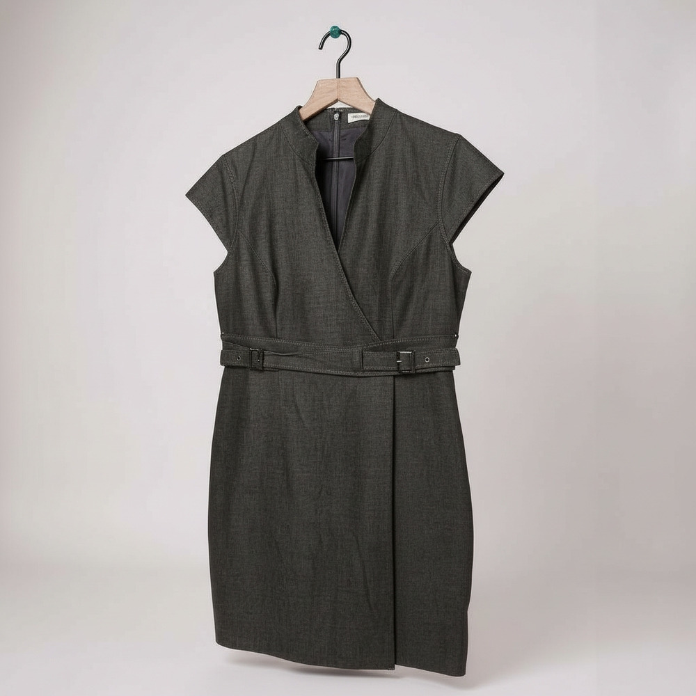 Calvin Klein Gray Wrap Style Sheath Dress Size 10 Belted Career Midi